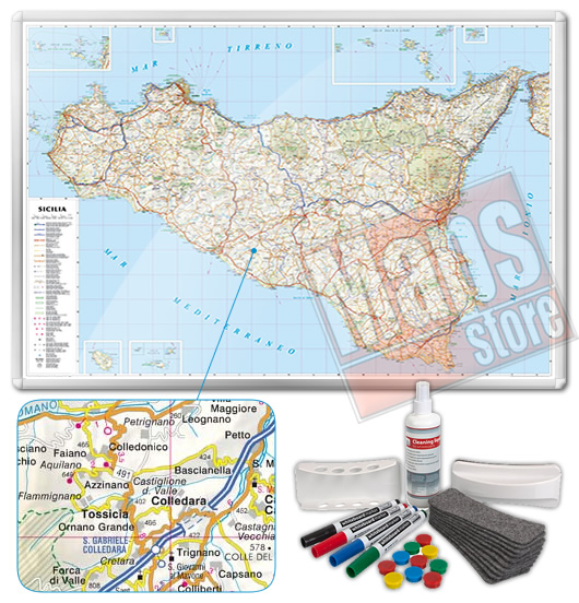 immagine di mappa murale mappa murale Mappa Murale Magnetica della Sicilia - cartografia dettagliatissima ed aggiornata - su robusto pannello in acciaio smaltato con cornice in alluminio anodizzato, scrivibile e lavabile + kit lavagna magnetica in omaggio (spray per la pulizia, calamite, pennarelli, cimosa e portapennarelli calamitati) - 125 x 90 cm