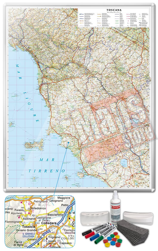 immagine di mappa murale mappa murale Mappa Murale Magnetica della Toscana - cartografia dettagliatissima ed aggiornata - su robusto pannello in acciaio smaltato con cornice in alluminio anodizzato, scrivibile e lavabile + kit lavagna magnetica in omaggio (spray per la pulizia, calamite, pennarelli, cimosa e portapennarelli calamitati) - 92 x 112 cm - edizione 2019