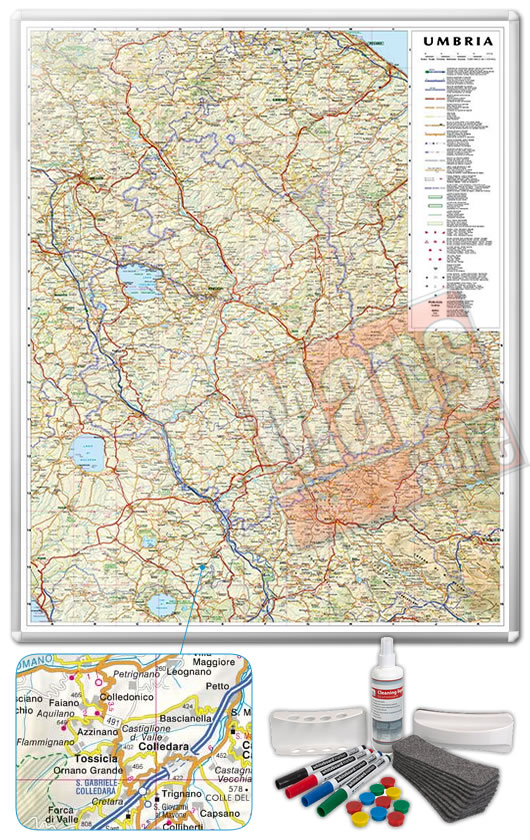 immagine di mappa murale mappa murale Mappa Murale Magnetica dell'Umbria - cartografia dettagliatissima ed aggiornata - su robusto pannello in acciaio smaltato con cornice in alluminio anodizzato, scrivibile e lavabile + kit lavagna magnetica in omaggio (spray per la pulizia, calamite, pennarelli, cimosa e portapennarelli calamitati) - 65 x 90 cm