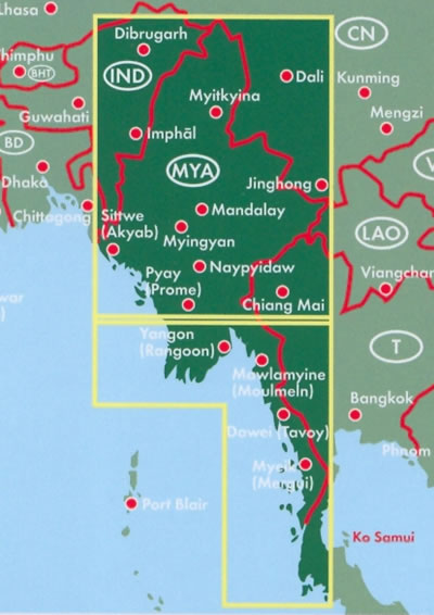 immagine di mappa stradale mappa stradale Myanmar / Burma / Birmania - con Naypyidaw, Yangon/Rangoon, Mandalay, Bagan, Pegu, Moulmein, Sagaing, Tavoy/Dawei, Pathein, Taunggyi
