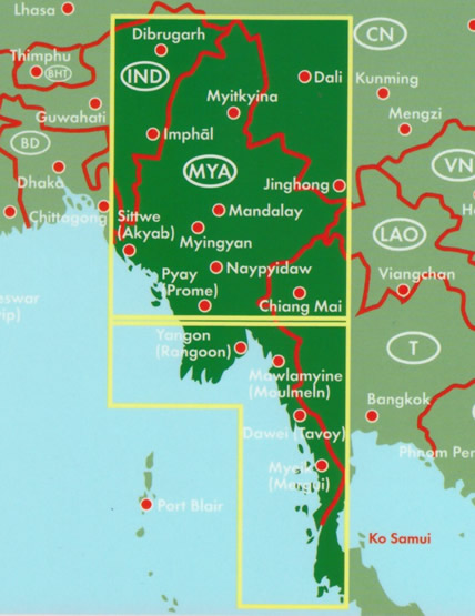 immagine di mappa stradale mappa stradale Myanmar / Burma / Birmania - con Naypyidaw, Yangon/Rangoon, Mandalay, Bagan, Pegu, Moulmein, Sagaing, Tavoy/Dawei, Pathein, Taunggyi - EDIZIONE 2025