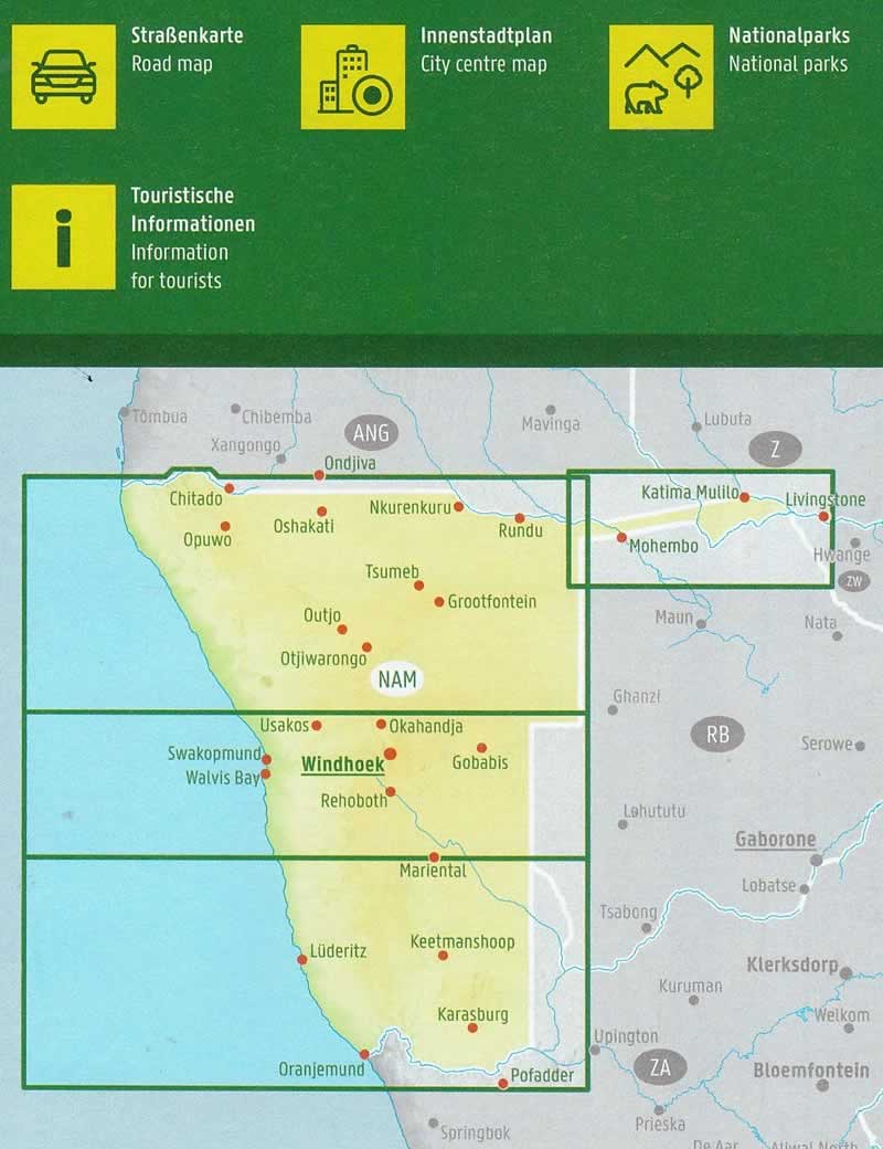 immagine di mappa stradale mappa stradale Namibia - mappa stradale con parchi naturali, rete stradale, mappa del centro di Windhoek e indice delle località - con le regioni di Windhoek, Lüderitz, Swakopmund, Walvis Bay, Mariental, Keetmanshoop, Karasburg, Otjiwarongo, Ondangwa, Tsumeb, Katima Mulilo, Rundu, Rehoboth, Livingstone - edizione 2025