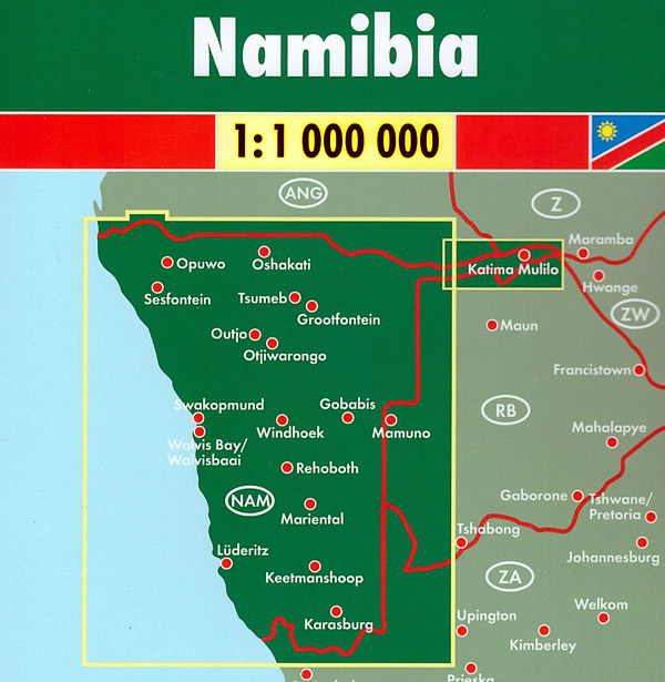 immagine di mappa stradale mappa stradale Namibia - mappa stradale con parchi naturali, rete stradale, mappa del centro di Windhoek e indice delle località - con le regioni di Windhoek, Lüderitz, Swakopmund, Walvis Bay, Mariental, Keetmanshoop, Karasburg, Otjiwarongo, Ondangwa, Tsumeb, Katima Mulilo, Rundu, Rehoboth, Livingstone - EDIZIONE 2023