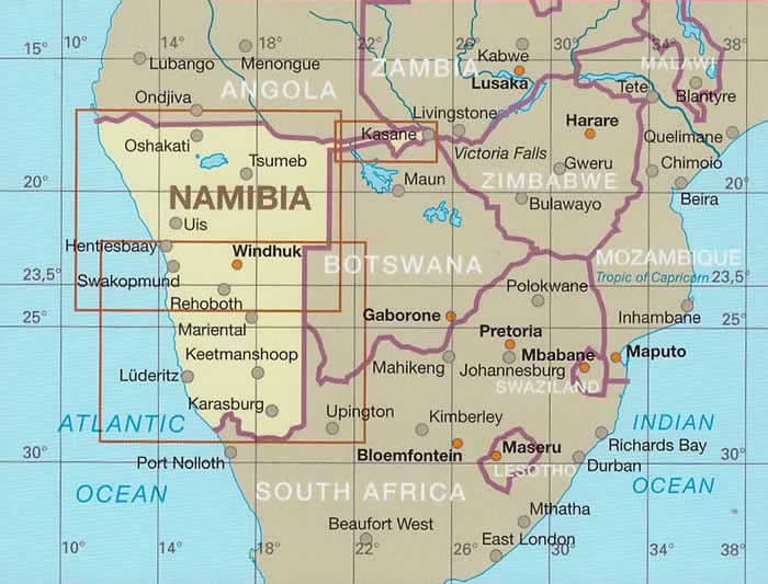 immagine di mappa stradale mappa stradale Namibia - con Windhoek, Lüderitz, Swakopmund, Walvis Bay, Mariental, Keetmanshoop, Karasburg, Otjiwarongo, Ondangwa, Tsumeb - mappa impermeabile e antistrappo - con riserve naturali, spiagge e luoghi panoramici - edizione 2023