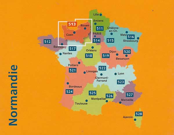 immagine di mappa stradale mappa stradale n. 513 - Normandia / Normandie / Normandy - con Rouen, Caen, Dieppe, Le Havre, Lisieux, Evreux, Argentan, Alençon, Bayeux, Saint-Lô, Avranches, Cherbourg-Octeville - mappa stradale con stazioni di servizio e autovelox - nuova edizione