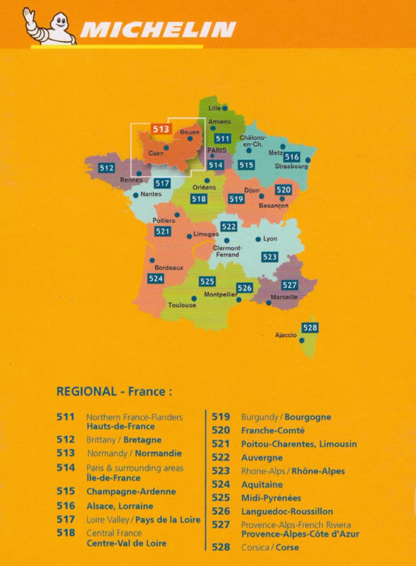 immagine di mappa stradale mappa stradale Normandia / Normandie / Normandy - con Rouen, Caen, Dieppe, Le Havre, Lisieux, Evreux, Argentan, Alençon, Bayeux, Saint-Lô, Avranches, Cherbourg-Octeville - mappa stradale Michelin n.513 - con stazioni di servizio e autovelox - EDIZIONE 2024