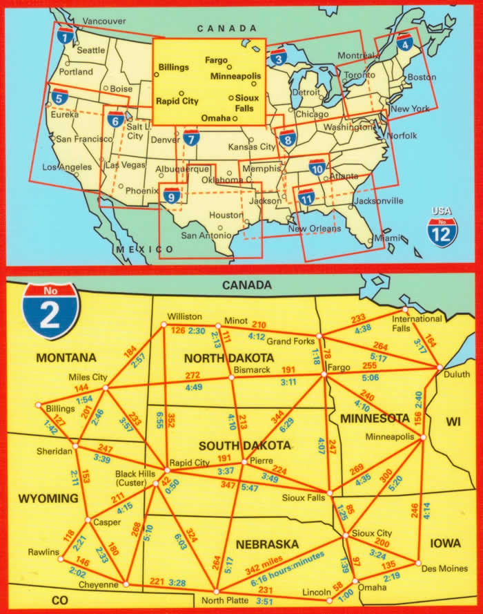 immagine di mappa stradale mappa stradale n.02 - USA North Central, Great Plains, Indian Country - con Cheyenne, Badlands, Black Hills, Mt Rushmore, North and South Dakota, Nebraska, Montana, Wyoming, Minnesota, Iowa - con cartografia aggiornata, dettagliata e facile da leggere + guida stradale - EDIZIONE 2025