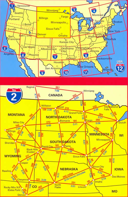 immagine di mappa stradale mappa stradale n.02 - USA North Central, Great Plains, Indian Country - con Cheyenne, Badlands, Black Hills, Mt Rushmore, North and South Dakota, Nebraska, Montana, Wyoming, Minnesota, Iowa - con cartografia aggiornata, dettagliata e facile da leggere + guida stradale - nuova edizione