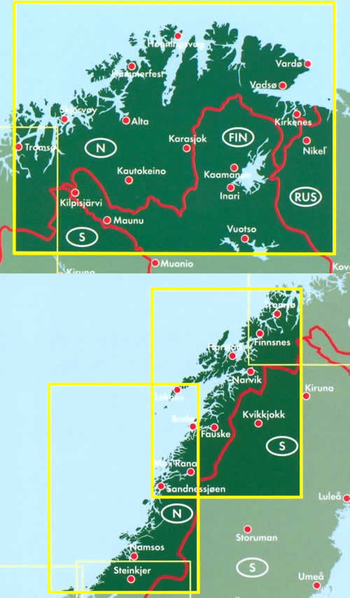 immagine di mappa stradale mappa stradale Norvegia Centro-Nord - 2 mappe stradali - con Steinkjer, Namsos, Fauske, Narvik, Hammerfest, Capo Nord - edizione 2013