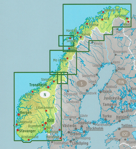 immagine di mappa stradale mappa stradale Norvegia - con Oslo, Stavanger, Molde, Bodø, Oslo, Drammen, Sarpsborg, Hamar, Lillehammer, Skien, Kristiansand, Arendal, Bergen, Leikanger, Trondheim, Tromsø, Vadsø - con aree naturali e luoghi panoramici - EDIZIONE 2025
