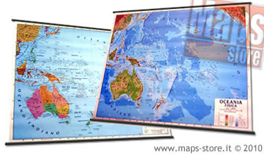 immagine di mappa murale mappa murale Oceania (Australia, Nuova Zelanda, Isole del Pacifico) - mappa murale plastificata, con aste - cartografia fisia e politica (stampata fronte/retro) - 143 x 100 cm