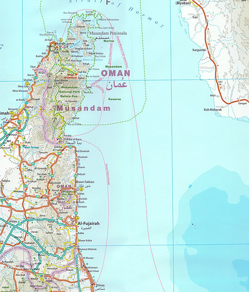 immagine di mappa stradale mappa stradale Oman - con Muscat, Sur, Al-Duqm, Masirah, Salalah, Dhofar, Hajar-al-Gharbi, Jiddat al-Harasis - mappa impermeabile e anti-strappo - EDIZIONE 2024