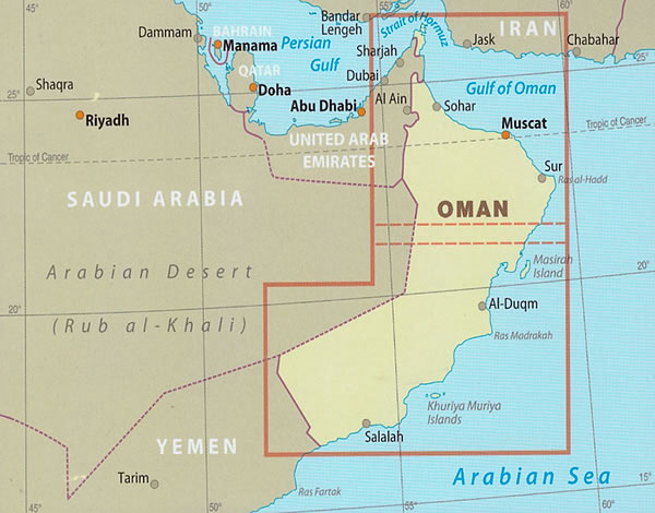 immagine di mappa stradale mappa stradale Oman - con Muscat, Sur, Al-Duqm, Masirah, Salalah, Dhofar, Hajar-al-Gharbi, Jiddat al-Harasis - mappa impermeabile e anti-strappo - EDIZIONE 2024