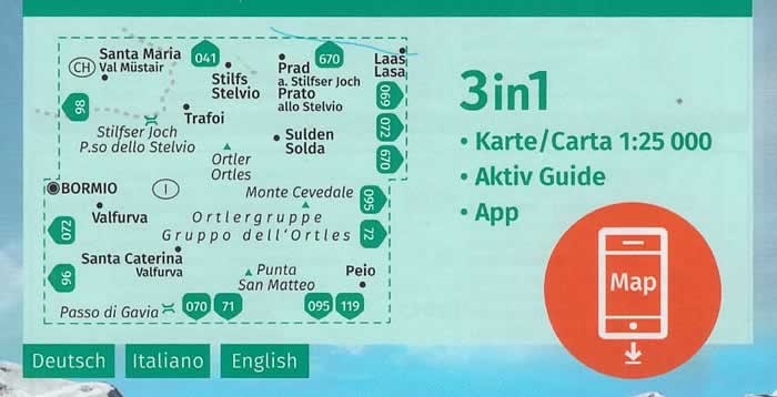 immagine di mappa topografica mappa topografica Ortler/Ortles, Cevedale - con Bormio, Passo dello Stelvio, Trafoi, Santa Maria (CH), Valfurva, Santa Caterina Valfurva, Passo di Gavia, Punta San Matteo, Peio - Kompass n.077 - con informazioni turistiche, sentieri CAI, percorsi panoramici e parchi naturali - mappa plastificata, compatibile con GPS