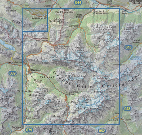 immagine di mappa topografica mappa topografica n.008 - Ortles, Cevedale - con Parco Nazionale dello Stelvio, Bormio, Passo dello Stelvio, Cristallo, Valfurva, Solda, Peio, Trafoi, Gomagoi, Passo S. Maria, Cresta di Reit, Königspitze/Il Gran Zebru, M. Vioz, S. Caterina, Sobretta, V. Rezzalo, M. Gavia - con reticolo UTM compatibile con GPS - impermeabile, antistrappo, plastic-free, eco-friendly - nuova edizione