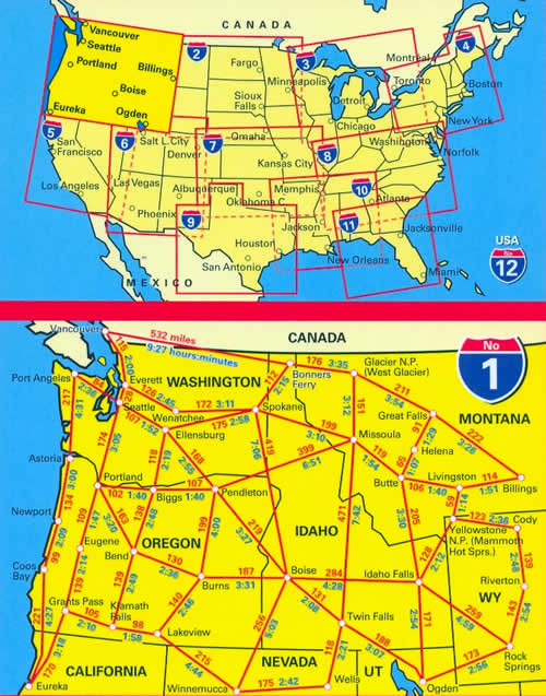 immagine di mappa stradale mappa stradale n.01 - Pacific NorthWest - con Seattle, Everett, Portland, Newport, Yellowstone, Grand Teton, Glacier, Twin Falls, Rock Springs, Oregon, Idaho - con cartografia aggiornata, dettagliata e facile da leggere + guida stradale