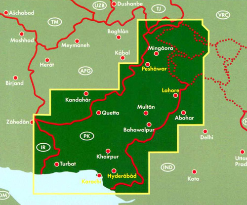 immagine di mappa stradale mappa stradale Pakistan - con Karachi, Lahore, Faisalabad, Rawalpindi, Multan, Hyderabad, Gujranwala, Peshawar, Quetta, Islamabad - edizione 2019