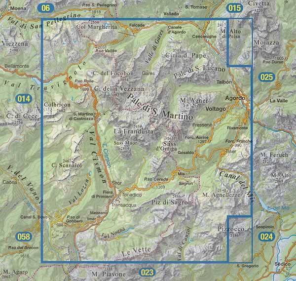 immagine di mappa topografica mappa topografica n.022 - Pale di San Martino - Passo Valles, Gares, Lagorai, S. Martino di Castrozza, Cimon della Pala, Gosaldo, Agordo, Taibon, Gruppo del Cimonega, Valle del Mis, Mezzano, Fiera di Primiero - con reticolo UTM compatibile con GPS - impermeabile, antistrappo, plastic-free, eco-friendly - nuova edizione