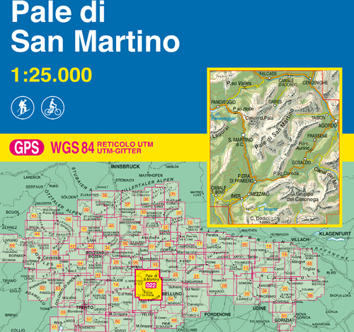 immagine di mappa topografica mappa topografica n.022 - Pale di San Martino - Passo Valles, Gares, Lagorai, S. Martino di Castrozza, Cimon della Pala, Gosaldo, Agordo, Taibon, Gruppo del Cimonega, Valle del Mis, Mezzano, Fiera di Primiero - con reticolo UTM compatibile con sistemi GPS - edizione 2019