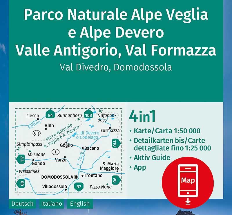 immagine di mappa topografica mappa topografica Parco Naturale Alpe Veglia, Alpe Devero, Valle Antigorio, Val Formazza, Val Divedro, Domodossola, M. Leone, Gondo, Varzo, Trontano, S. Maria Maggiore, Pizzo Nona, Baceno, Binn, Fiesch - mappa plastificata, compatibile con GPS - n.89 Kompass