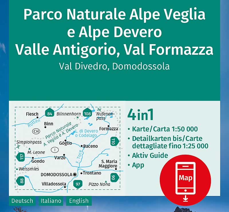 immagine di mappa topografica mappa topografica Parco Naturale Alpe Veglia, Alpe Devero, Valle Antigorio, Val Formazza, Val Divedro, Domodossola, M. Leone, Gondo, Varzo, Trontano, S. Maria Maggiore, Pizzo Nona, Baceno, Binn, Fiesch - mappa plastificata, compatibile con GPS - n.89 Kompass - EDIZIONE Maggio 2023