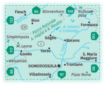 immagine di mappa topografica mappa topografica n.89 - Parco Naturale Alpe Veglia, Alpe Devero, Valle Antigorio, Val Formazza, Val Divedro, Domodossola, M. Leone, Gondo, Varzo, Trontano, S. Maria Maggiore, Pizzo Nona, Baceno, Binn, Fiesch - mappa plastificata, compatibile con GPS - edizione 2020