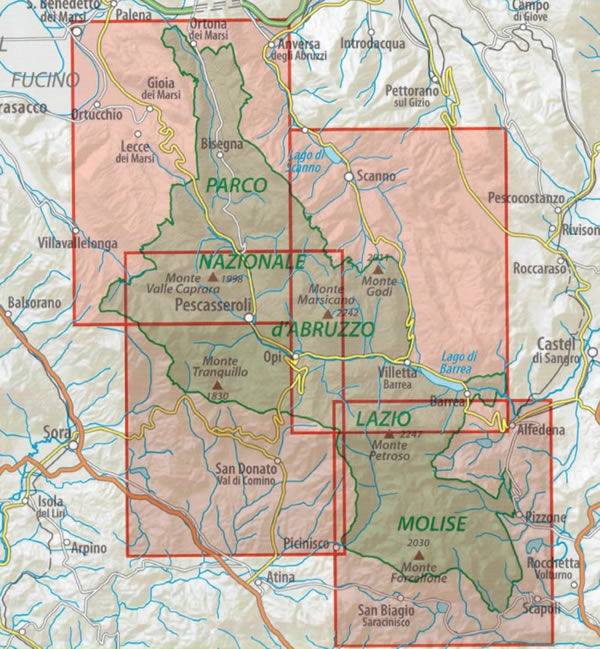 immagine di mappa topografica mappa topografica Parco Nazionale d'Abruzzo, Lazio e Molise - set di 2 carte dei sentieri - con rifugi, percorsi CAI numerati, sorgenti, aree faunistiche, aree di sosta, castelli, santuari - edizione Dicembre 2022