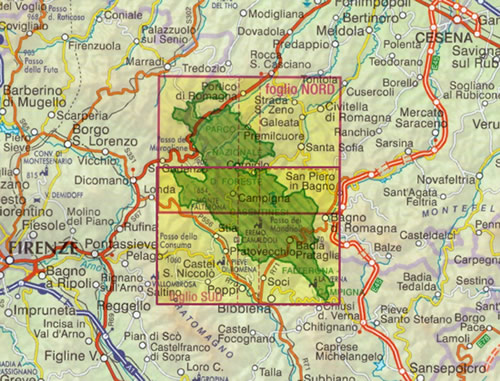 immagine di mappa topografica mappa topografica Parco Nazionale delle Foreste Casentinesi, Monte Falterona e Campigna - carta escursionistica dei sentieri - con sentieri CAI, percorsi MTB, viabilità forestale, alte vie e cammini, rifugi, aree attrezzate, località turistiche, punti informativi - con Santa Sofia, Portico di Romagna, Strada S. Zeno, Galeata, Premilcuore, S. Godenzo, Passo del Muraglione, Stia, Passo dei Mandrioli, Eremo di Camaldoli, Pratovecchio, Pieve di Romena, Passo della Consuma, Castel S. Niccolò, Poppi, Soci, La Verna, Badia Prataglia, Bagno di Romagna, Casentino, Mugello - nuova edizione