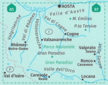 immagine di mappa topografica mappa topografica Parco Nazionale del Gran Paradiso, Valle d' Aosta, Valle dell'Orco, Val di Rhêmes, Valgrisenche, Valsavarenche, Val d'Isère, Ceresole Reale, Ronco Canavese, Locana, Valprato Soana, Punta Tersiva - mappa escursionistica Kompass n.86 - plastificata, compatibile con GPS
