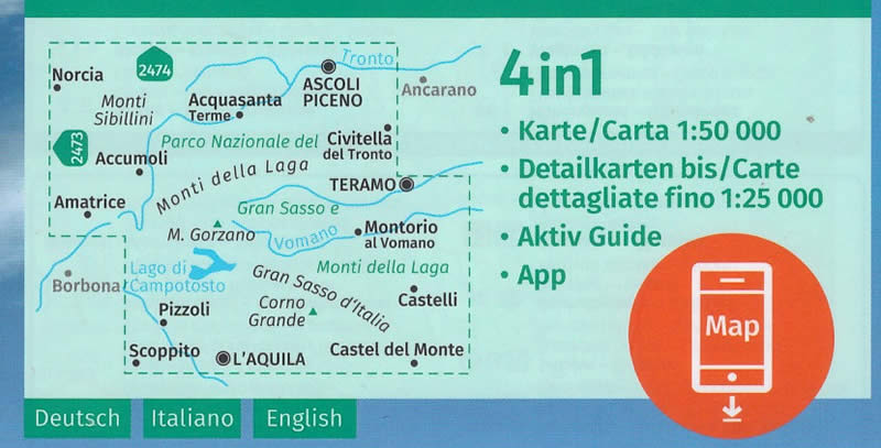 immagine di mappa topografica mappa topografica Parco Nazionale del Gran Sasso, Monti della Laga, Ascoli Piceno, Teramo, Monti Sibillini, Norcia, M. Gorzano, L'Aquila, Corno Grande, Castel del Monte, Civitella del Tronto - mappa escursionistica Kompass n.2476 - plastificata - compatibile con GPS - nuova edizione