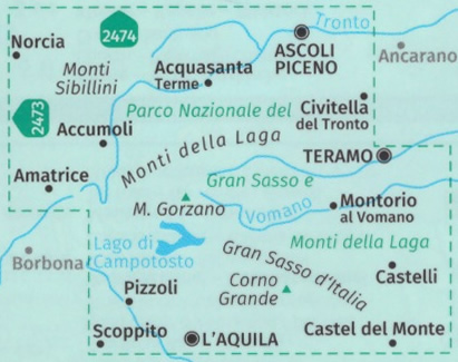 immagine di mappa topografica mappa topografica n.2476 - Parco Nazionale del Gran Sasso, Monti della Laga, Ascoli Piceno, Teramo, Monti Sibillini, Norcia, M. Gorzano, L'Aquila, Corno Grande, Castel del Monte, Civitella del Tronto - mappa plastificata - compatibile con GPS - edizione 2022