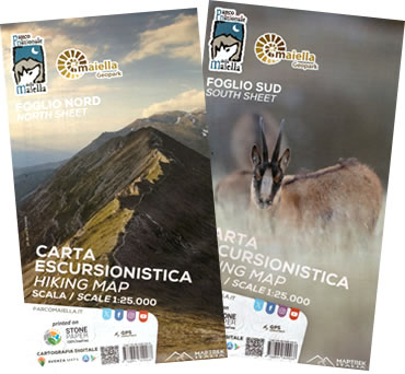 immagine di mappa topografica mappa topografica Parco Nazionale della Majella - set di 2 carte dei sentieri - con rifugi, percorsi CAI numerati, cascate, sorgenti, grotte, aree faunistiche - nuova edizione