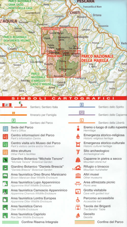 immagine di mappa topografica mappa topografica Parco Nazionale della Majella - set di 2 carte dei sentieri - con rifugi, percorsi CAI numerati, cascate, sorgenti, grotte, aree faunistiche - nuova edizione