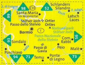 immagine di mappa topografica mappa topografica n.072 - Parco Nazionale dello Stelvio / Nationalpark Stilfser Joch - Bormio, Poschiavo, Ortles, Munster, Passo dello Stelvio, Livigno, Peio, Rabbi, Ponte di Legno, Malè, Laces - mappa plastificata, compatibile con GPS - con informazioni turistiche, sentieri CAI, percorsi panoramici e parchi naturali