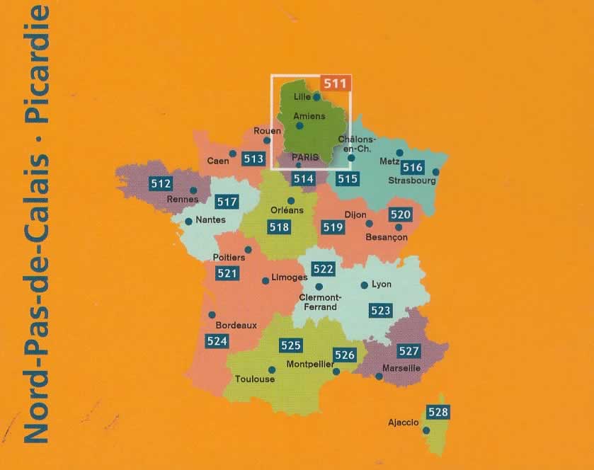 immagine di mappa stradale regionale mappa stradale regionale Nord-Passo di Calais, Picardia / Nord-Pas-de-Calais, Picardie/Picardy - con Lille, Amiens, Laon, Beauvais, Arras, Peronne, Château-Thierry, Senlis, Compiegne, Abbeville, St-Omer, Calais, Boulogne-sur-Mer, Cambrai, St-Quentin, Douai, Lens, Bethune - mappa stradale Michelin n. 511 - con stazioni di servizio e autovelox