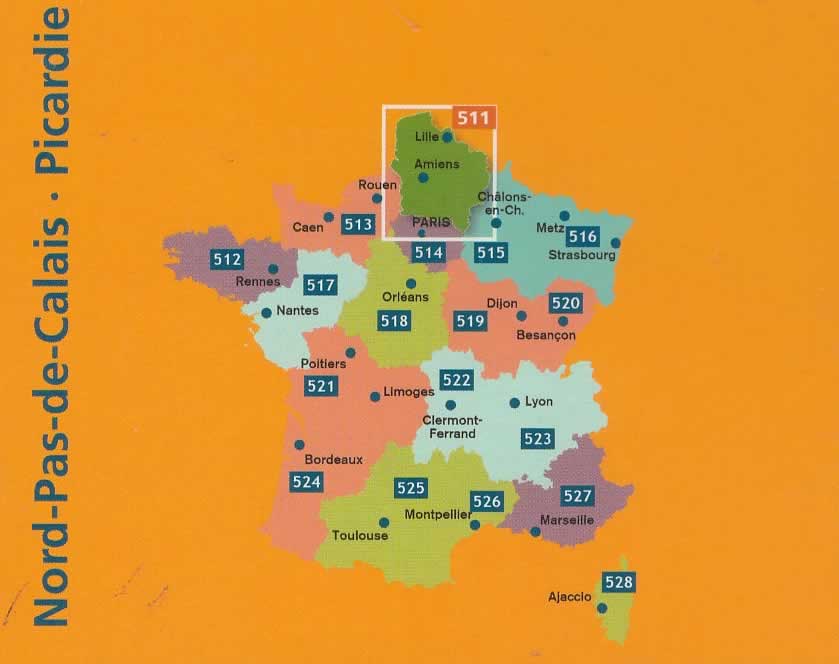 immagine di mappa stradale regionale mappa stradale regionale Nord-Passo di Calais, Picardia / Nord-Pas-de-Calais, Picardie/Picardy - con Lille, Amiens, Laon, Beauvais, Arras, Peronne, Château-Thierry, Senlis, Compiegne, Abbeville, St-Omer, Calais, Boulogne-sur-Mer, Cambrai, St-Quentin, Douai, Lens, Bethune - mappa stradale Michelin n. 511 - con stazioni di servizio e autovelox - nuova edizione