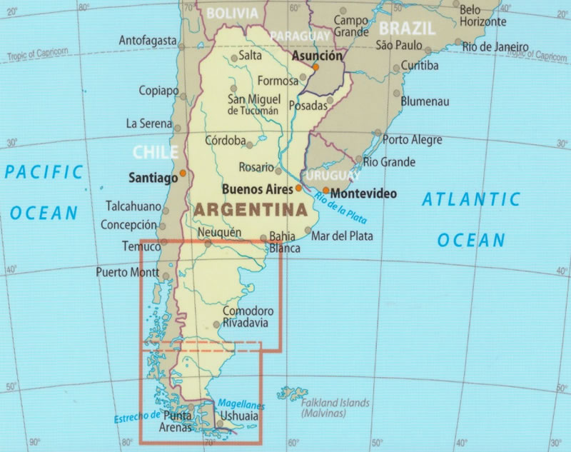 immagine di mappa stradale mappa stradale Patagonia, Tierra del Fuego / Terra del Fuoco - con Ushuaia, El Calafate, Punta Arenas, San Carlos de Bariloche, Puerto Natales, Puerto Madryn, Coyhaique - mappa stradale, impermeabile e antistrappo - nuova edizione