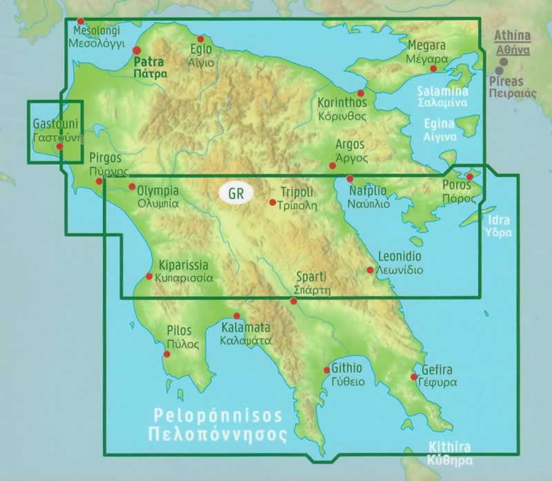 immagine di mappa stradale mappa stradale Peloponneso (Grecia) - con Patra, Egio, Korinthos, Salamina, Egina, Argos, Pirgos, Olympia, Tripoli, Nafplio, Sparti, Idra, Pilos - carta stradale - con spiagge, luoghi panoramici, parchi e riserve naturali