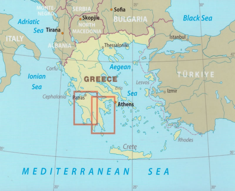 immagine di mappa stradale mappa stradale Peloponneso (Grecia) - con Patra, Egio, Korinthos, Salamina, Egina, Argos, Pirgos, Olympia, Tripoli, Nafplio, Sparti, Idra, Pilos - mappa stradale, impermeabile e antistrappo - con spiagge, luoghi panoramici, parchi e riserve naturali - nuova edizione