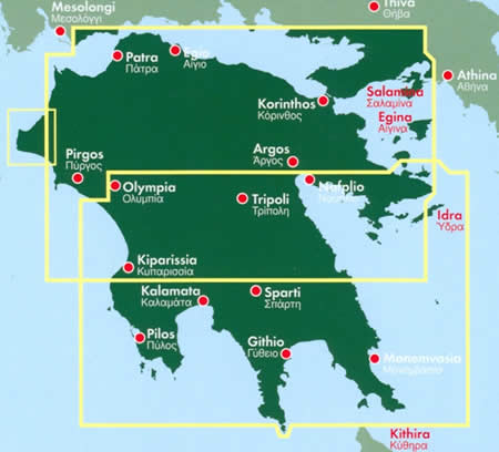 immagine di mappa stradale mappa stradale Peloponneso - con Patra, Egio, Korinthos, Salamina, Egina, Argos, Pirgos, Olympia, Tripoli, Nafplio, Sparti, Idra, Pilos - edizione 2020