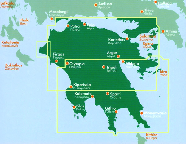 immagine di mappa stradale mappa stradale Peloponneso - con Patra, Egio, Korinthos, Salamina, Egina, Argos, Pirgos, Olympia, Tripoli, Nafplio, Sparti, Idra, Pilos - carta stradale - EDIZIONE 2022