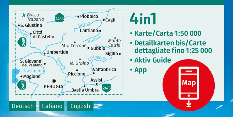 immagine di mappa topografica mappa topografica Perugia, Assisi, Città di Castello, Gubbio - mappa escursionistica Kompass n.2464 - M. Urbino, Umbertide, M. il Cerrone, Pantano, Magione, Bastia Umbra, Cagli - mappa plastificata - compatibile con GPS - EDIZIONE 2024
