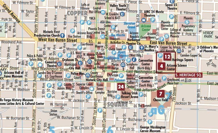 immagine di mappa di città mappa di città Phoenix - con Phoenix Downtown, Scottsdale Downtown, Arizona, Heritage Square, Sky Harbor International Airport - mappa della città plastificata, impermeabile, scrivibile e anti-strappo - dettagliata e facile da leggere, con trasporti pubblici, attrazioni e luoghi di interesse - nuova edizione