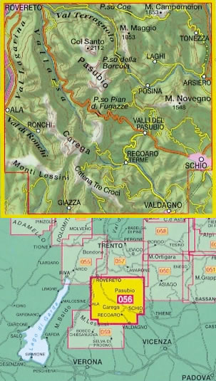 immagine di mappa topografica mappa topografica n.056 - Piccole Dolomiti, Pasubio - Recoaro Terme, Monti Lessini, Ronchi, Vallarsa, Val Lagarina, Posina, Tonezza, Schio, Valdagno, Catena Tre Croci, Carega, Giazza - con reticolo UTM compatibile con sistemi GPS