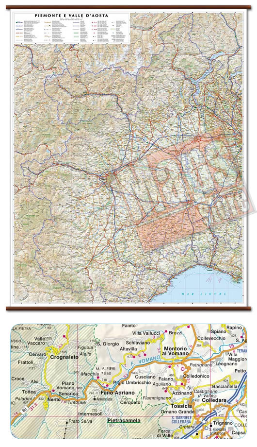 immagine di mappa murale mappa murale Piemonte e Valle d'Aosta - mappa murale con cartografia dettagliata ed aggiornata - plastificata, con eleganti aste in legno - 86 x 108 cm - nuova edizione
