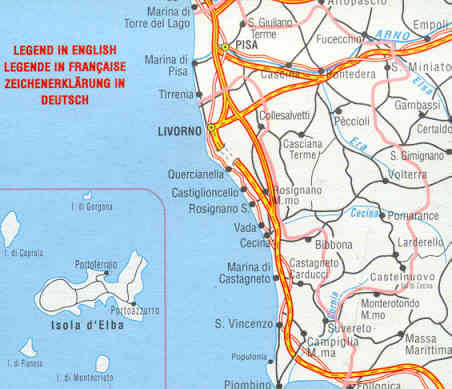 immagine di mappa stradale provinciale mappa stradale provinciale Pisa e Livorno - con Isola d'Elba, Parco Nazionale Arcipelago Toscano e Parco Migliarino