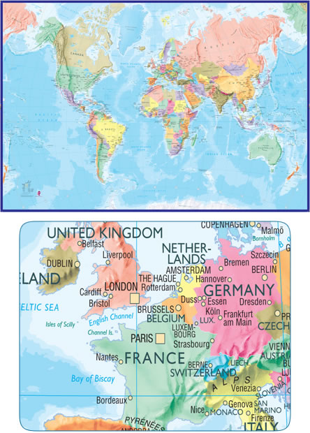 immagine di mappa murale mappa murale Planisfero fisico-politico per bambini - grande formato, in 2 fogli, dimensione totale 232 x 158 cm