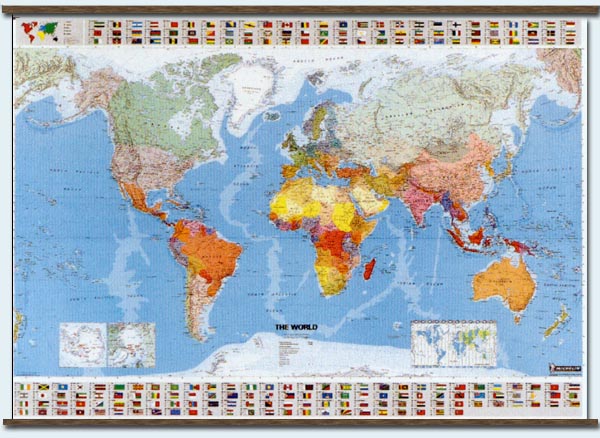 immagine di mappa murale mappa murale Planisfero Fisico-Politico, con bandiere, plastificato 144x100cm