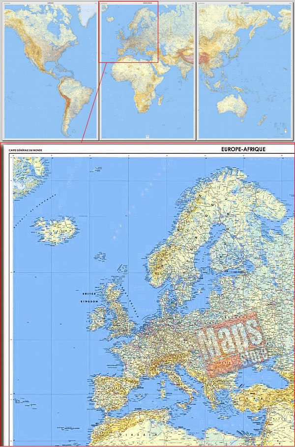 immagine di mappa murale mappa murale Planisfero Fisico e Politico - in 3 fogli plastificati, dimensione totale 289 x 143 cm - adatto per l'arredamento di casa, studio e ufficio - nuova edizione