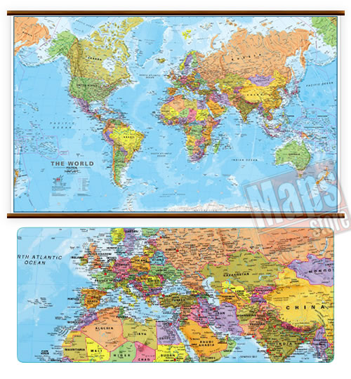 immagine di mappa murale mappa murale Planisfero Fisico-Politico, Plastificato e Laminato - con cartografia molto dettagliata e aggiornata, con eleganti aste in legno e ganci in acciaio, facile da applicare a parete - 200 x 125 cm - nuova edizione